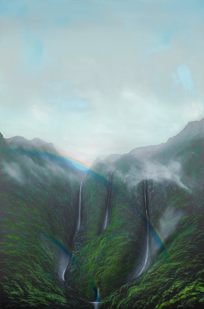 Koolau Waterfall Two Rainbows Giclee Canvas Print or Metal Print
