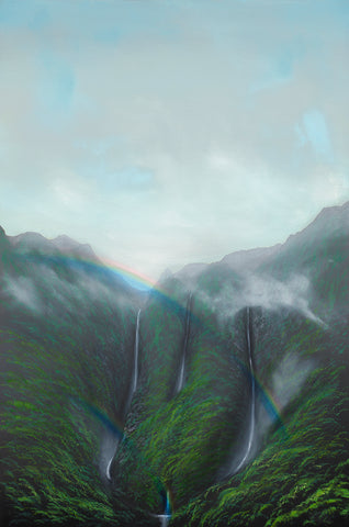 Koolau Waterfall Two Rainbows Giclee Canvas Print or Metal Print