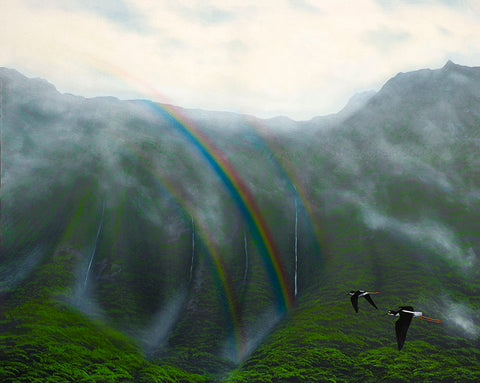 Koolau Waterfalls Triple Rainbow Aeo Giclee and Metal Prints