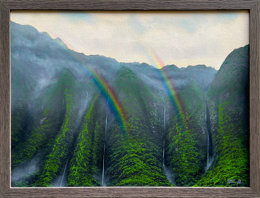 Koolau Waterfall Double Rainbow 2 Giclee on Canvas or Metal Print