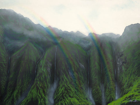Koolau Waterfall Double Rainbow H Giclee Canvas Print or Metal Print
