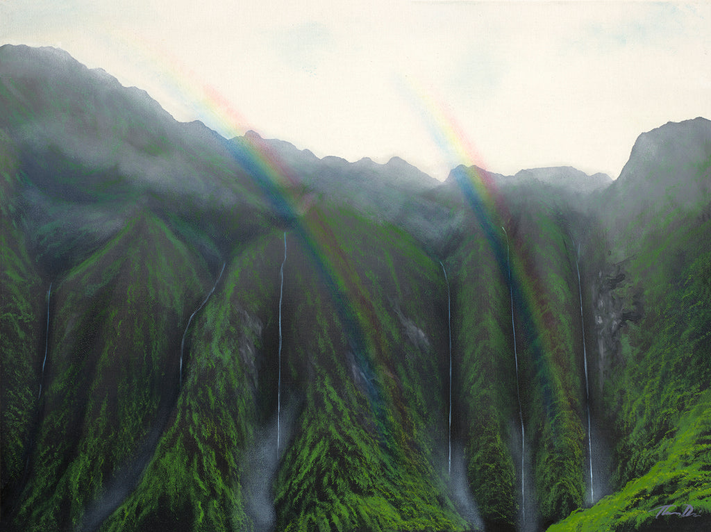 Koolau Waterfall Double Rainbow H Giclee on Canvas or Metal Print