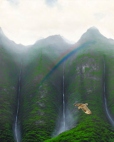 Koolau Waterfall Rainbow Pueo 24x30 Painting
