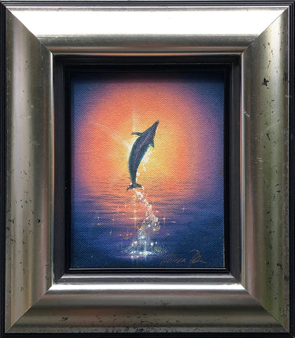 Dolphin Jumping Color Sketch 9x11 Framed Painting