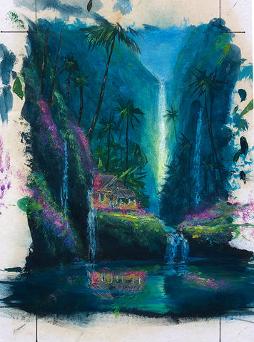 Enchanted Tropical Waterfall Color Sketch 6x8 Painting