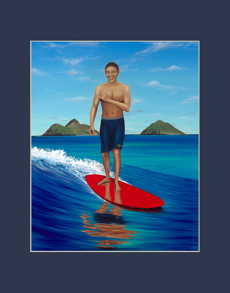 Obama Surfing Hawaii Matted Print
