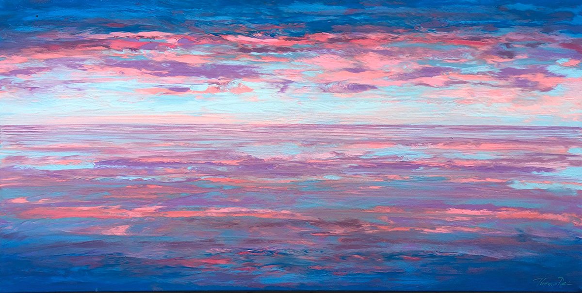 Pink and Blue Sunset 18x36 Painting Original Art on Canvas